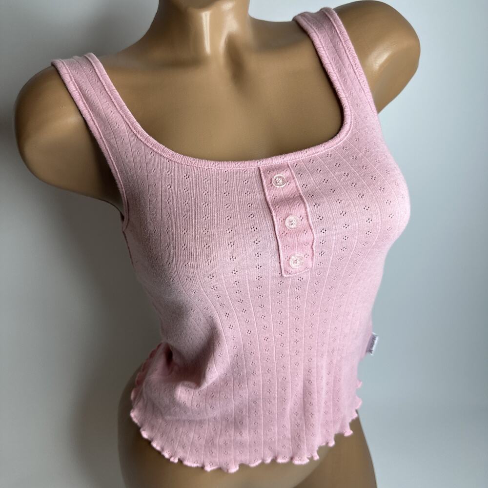 Vintage Hurley Pink Pointelle Ribbed Tank Top Henley Women Cami Size S P Y2K EUC